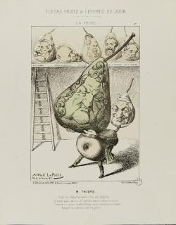 un homme caricaturé en poire tient une poire gigantesque avec la tête de Louis-Philippe