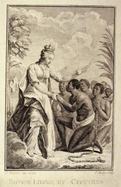 Le frontispice de l’ouvrage du théologien protestant Frossard reprend la gravure inversée de l’emblème anti-esclavagiste: