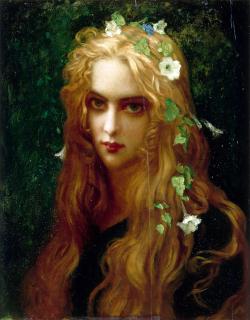 Ophélie au caractère inquiétant, entourée de sous-bois.