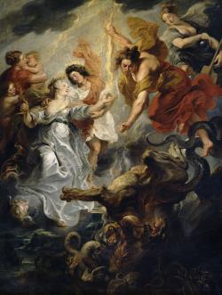 femme et jeune homme dans le ciel entourés d'allégories