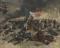 une femme avec un drapeau tricolore déchirée au centre de cadavres