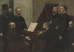 hommes réunis autour d'un piano
