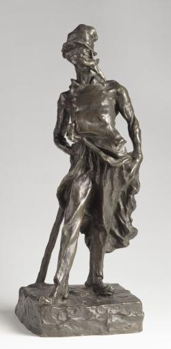statuette en bronze d'un homme cambré portant redingote et chapeau